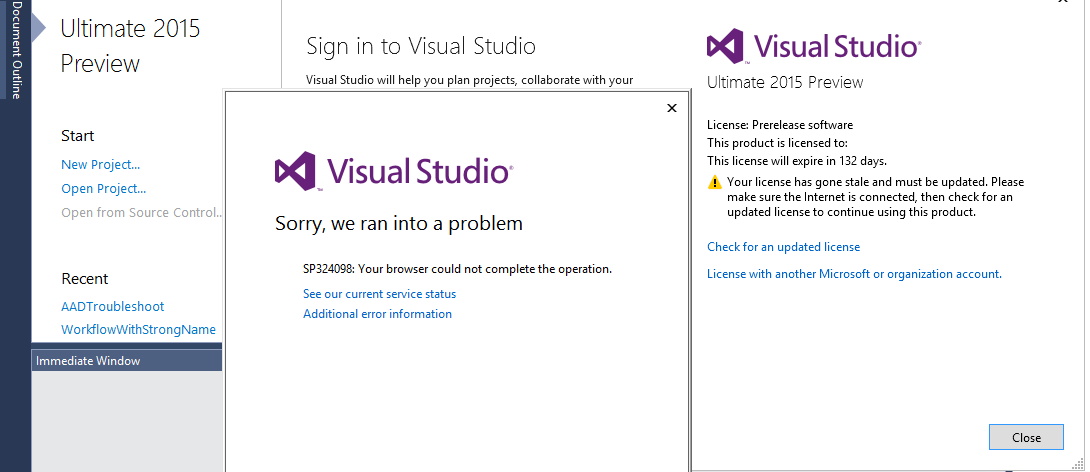 Error SP324098 during Visual Studio 2015 license renewal