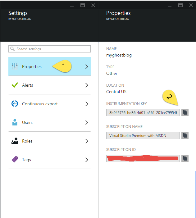 Application Insights Settings button