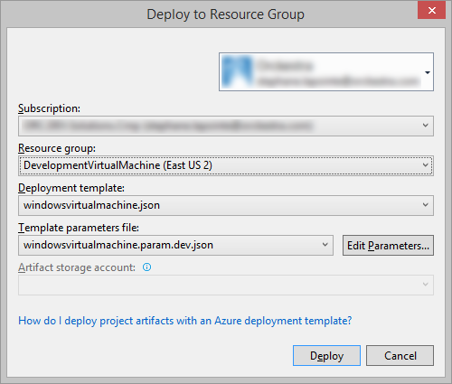 Deploy to Resource group dialog