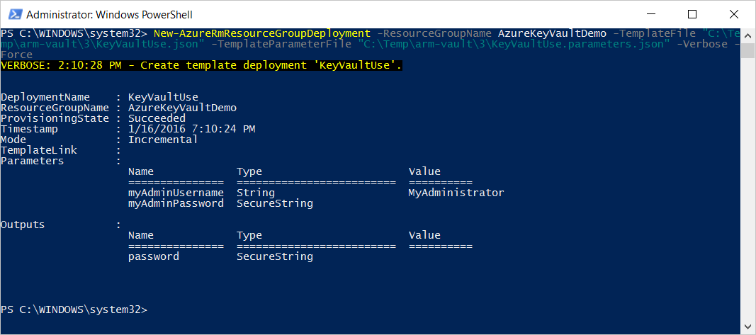 After Key Vault reference in parameters deployment execution